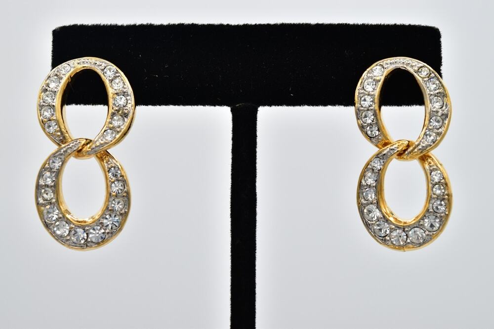 Vintage NOS Rhinestone Crystal Double Oval Link Dangle Earrings Gold 1980s NS10